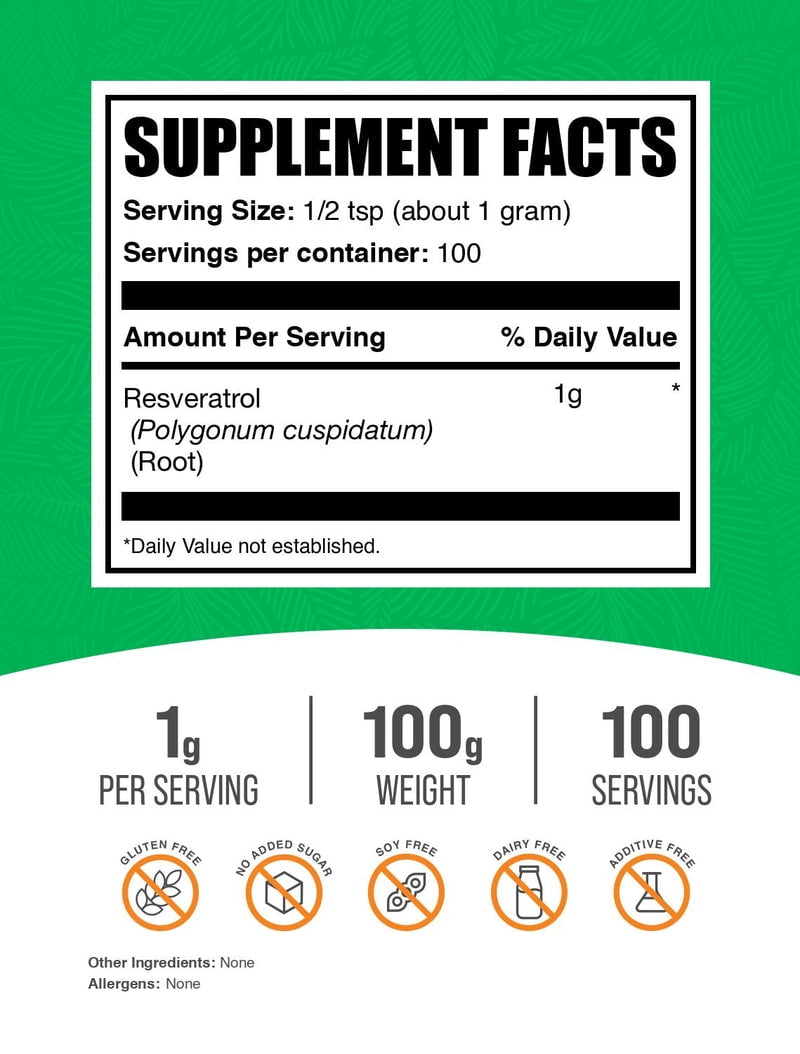 BulkSupplements Resveratrol Powder - 1g per Serving - 100 Grams (3.5 oz) - 100 Servings