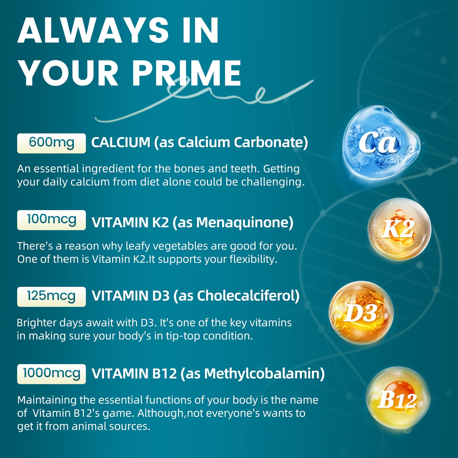 4-in-1 Calcium Complex – with Vitamin D3, K2 (MK-7) & B12 for Bone, Immune & Heart Health, 120 Softgels
