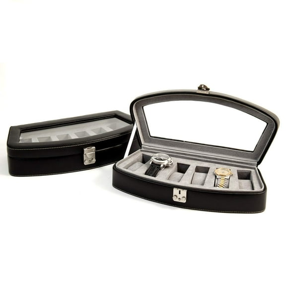 Black Leather 6 Watch Case with Glass Top and Locking Clasp.