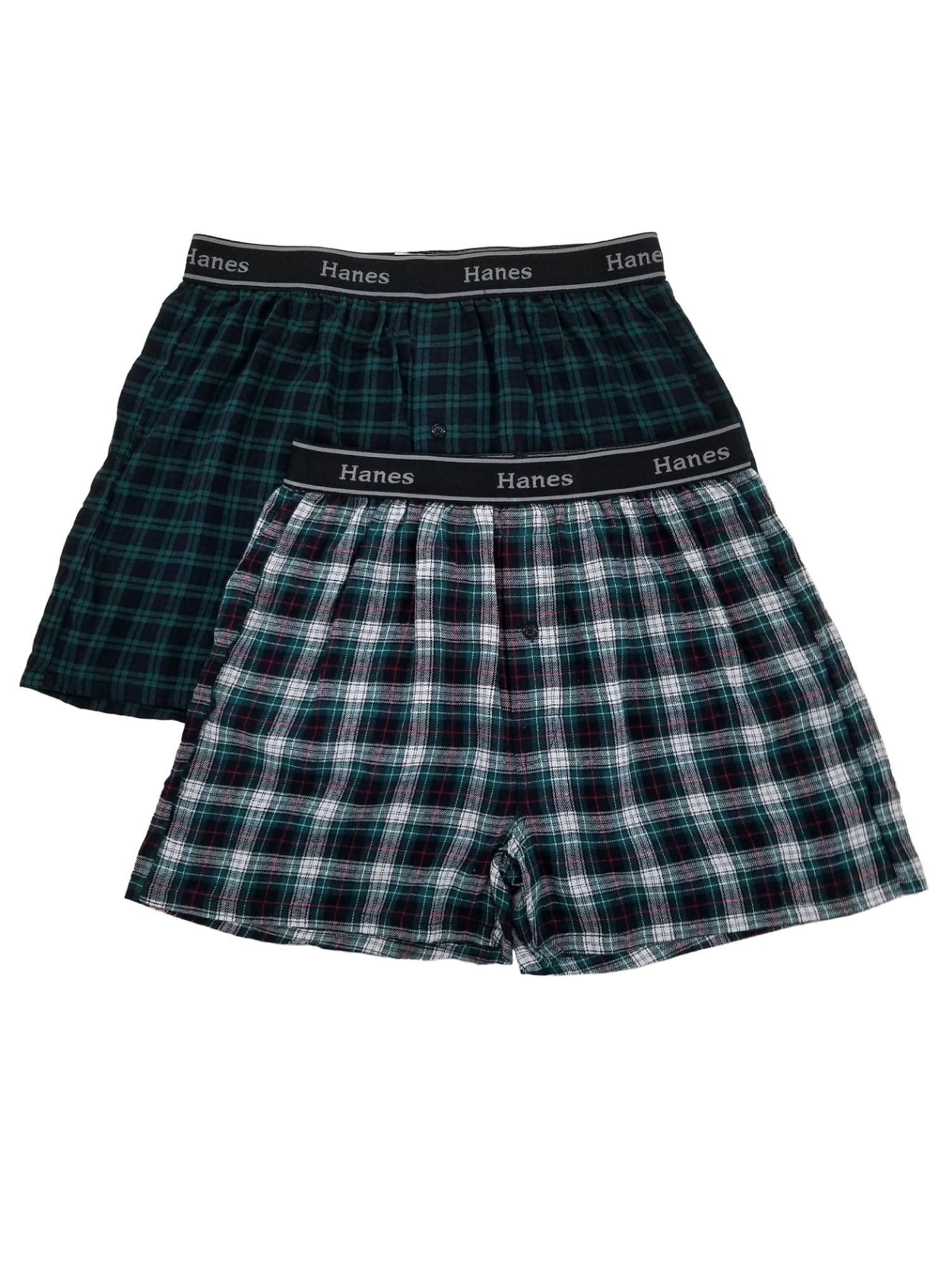 Hanes Mens 2-Pack Green & Navy Blue Plaid Flannel Boxer Shorts ...