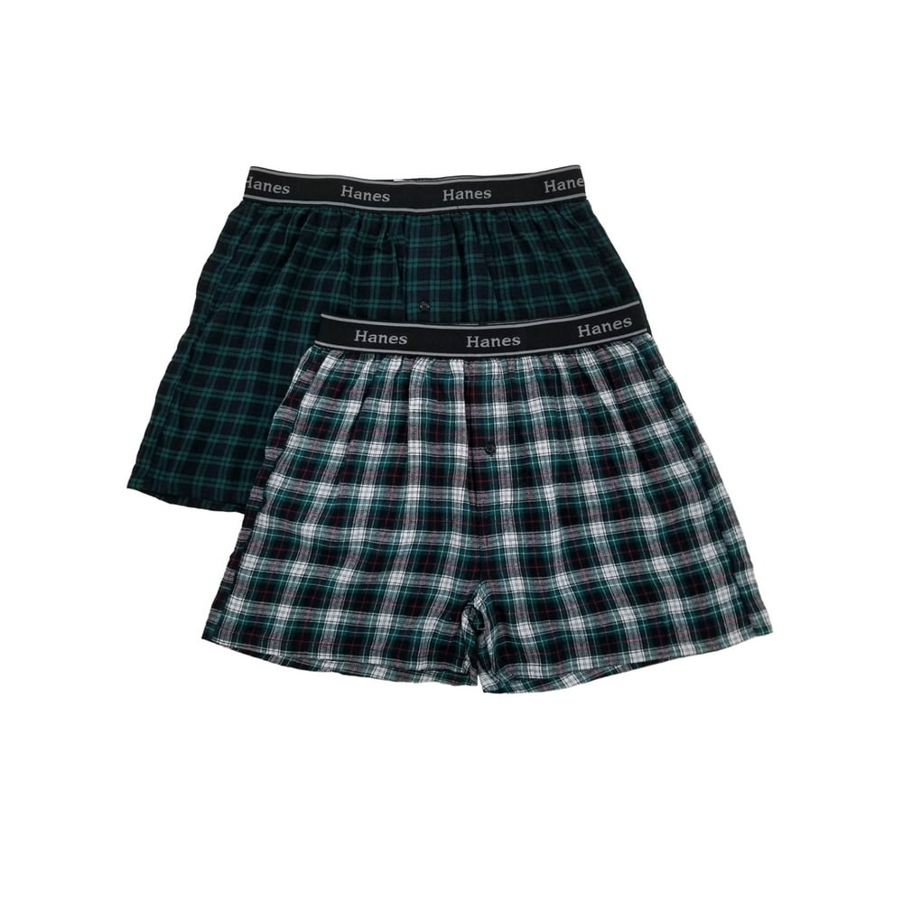 Hanes Hanes Mens 2Pack Green & Navy Blue Plaid Flannel Boxer Shorts Small
