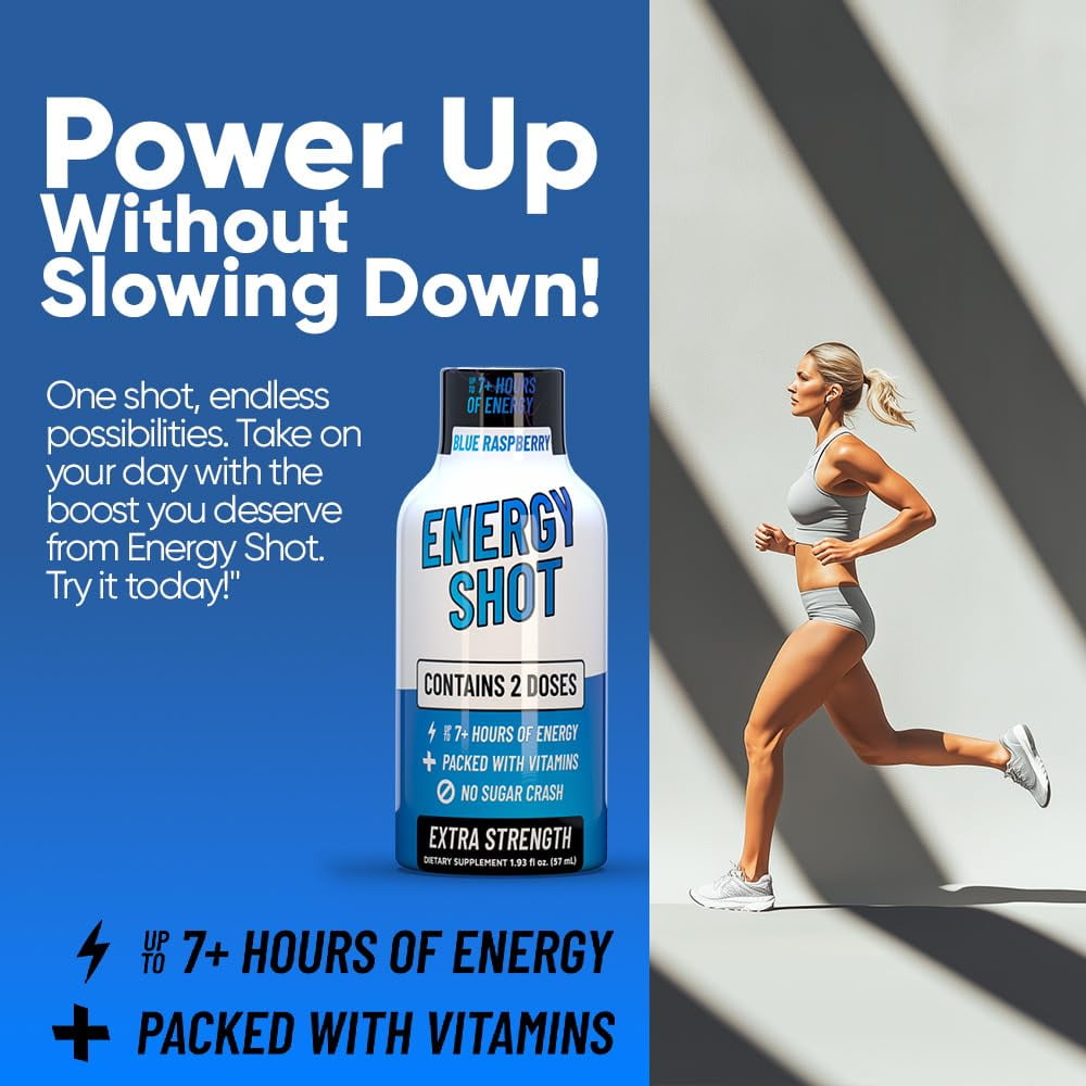 Grade A Quality Blue Raspberry Extra Strength Shot, 24 Pack – 260mg Natural Caffeine, B12 & B6, 2 Servings, Zero Sugar, 1.93 fl oz