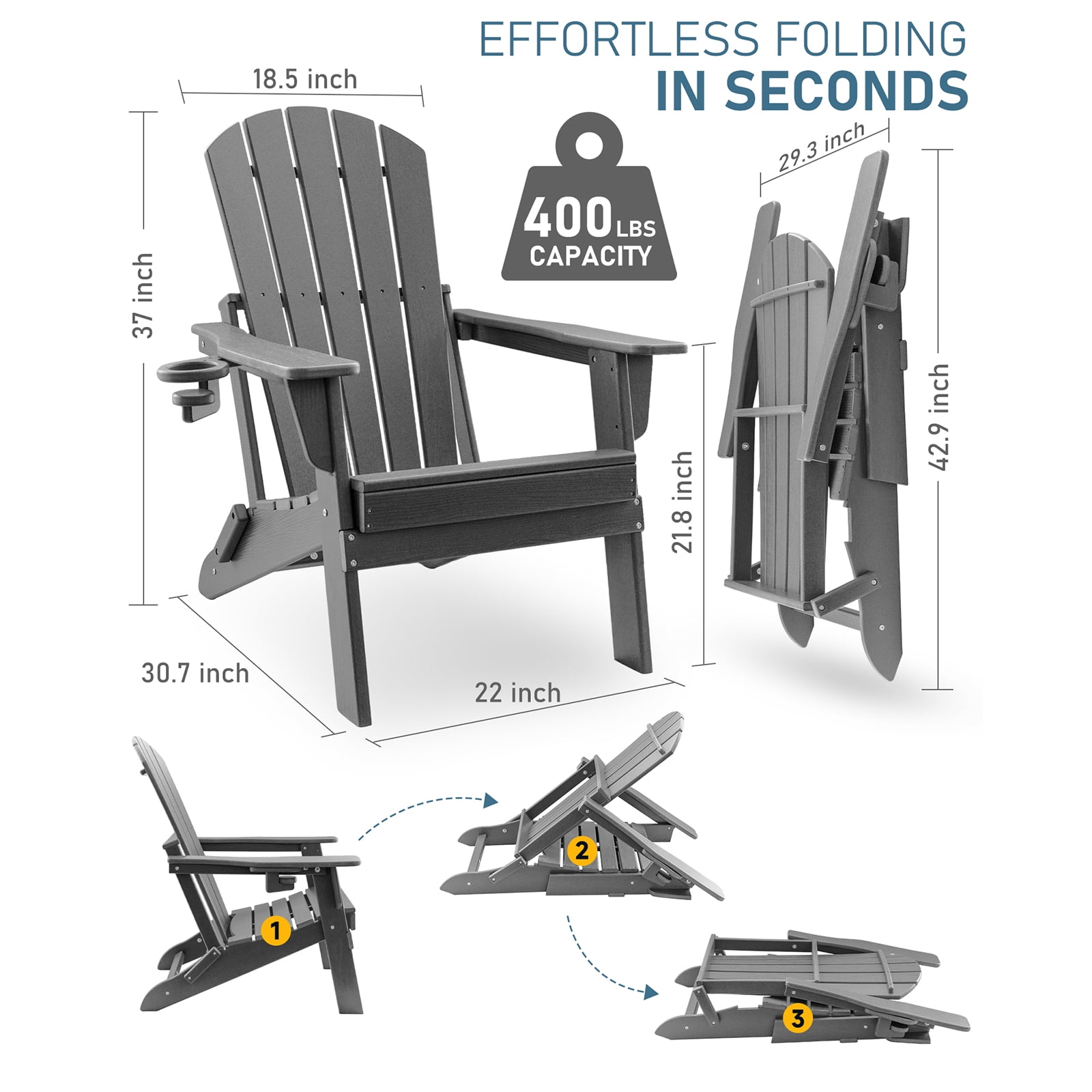 HDPE Folding Adirondack Chair with Cup Holder,Weather-Resistant, Low Maintenance,Supports up to 400lbs,Grey