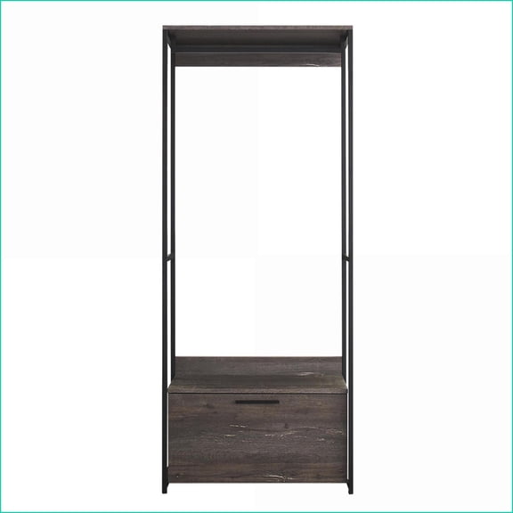 Monica Rustic Wood & Metal Walk-in Closet with 1 Drawer & Deep Storage | Rustic Gray | Solid Wood