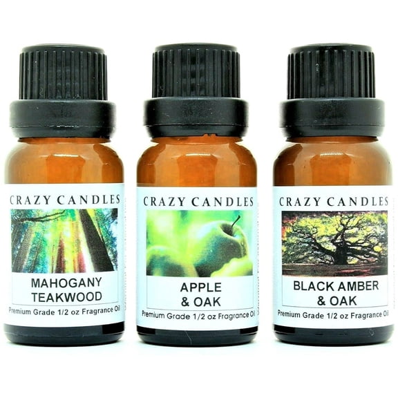 Crazy Candles 3 Bottles Set, 1 Mahogany Teakwood, 1 Apple & Oak, 1 Black Amber & Oak 1/2 Fl Oz Each (15ml) Premium Grade Scented Fragrance Oils