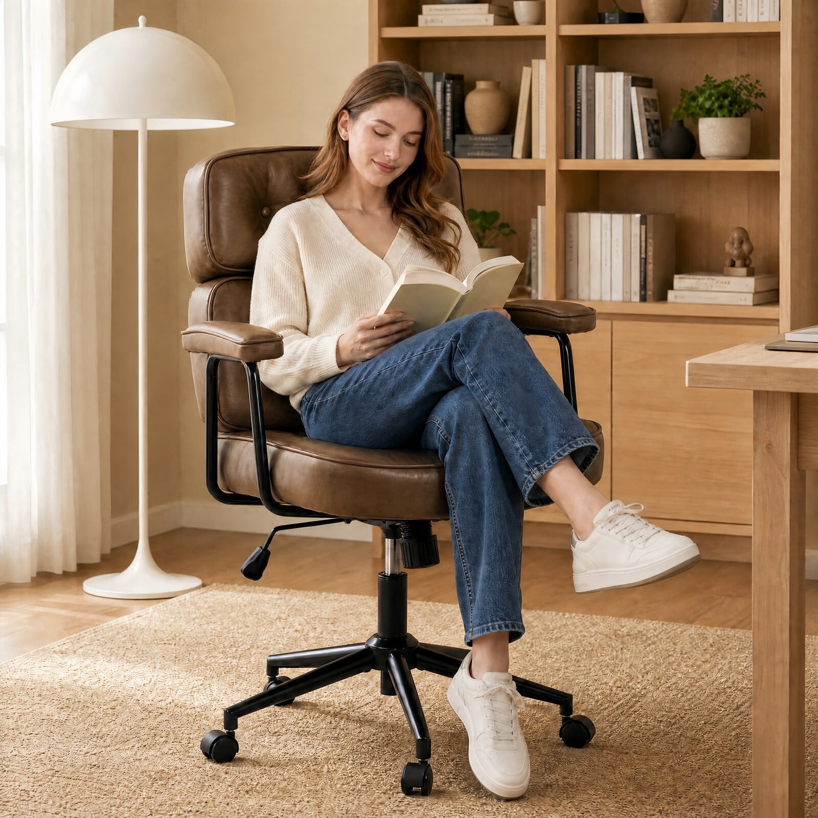 Kelno Ergonomic PU Leather Office Chair 350lbs Capacity High Back Computer Chair with Lumbar Support Adjustable Rolling Swivel Task Chair, Brown