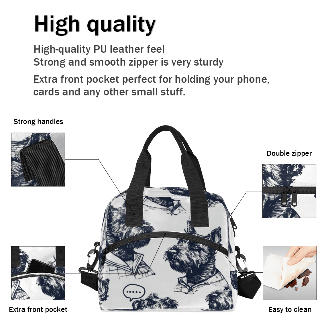 Herdesigns Cool Dogs Scottish Terrier Insulated Lunch Bag for Women Men Adults Large Reusable Lunch Box Leakproof Portable Cooler Tote Bags with Adjustable Shoulder Strap