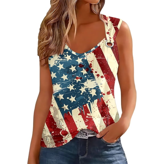 IDOCLOTHES USA Flag Tank Tops Women American Flag Sleeveless Shirt Patriotic Tank Top 4th of July V Neck Summer Vest Tees Multicolour, XL