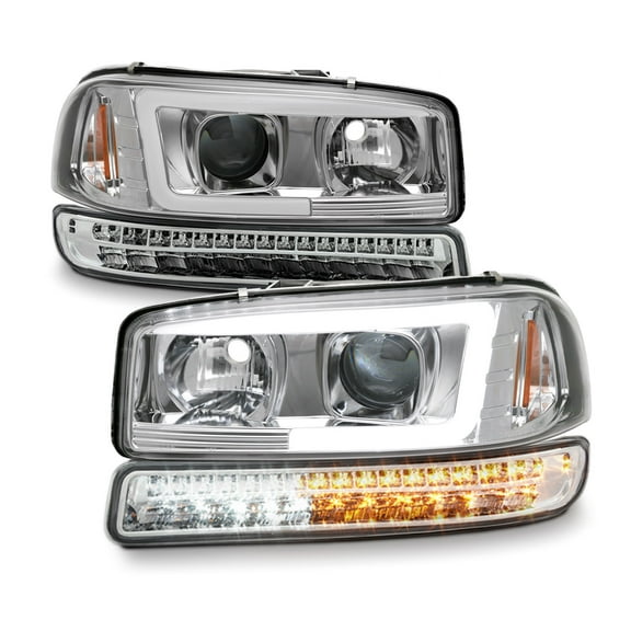 AKKON - For 99-06 GMC Sierra 1500 2500HD 3500 C3 Yukon XL Chrome LED Tube Projector Headlights   LED Bumper Lamp Pair