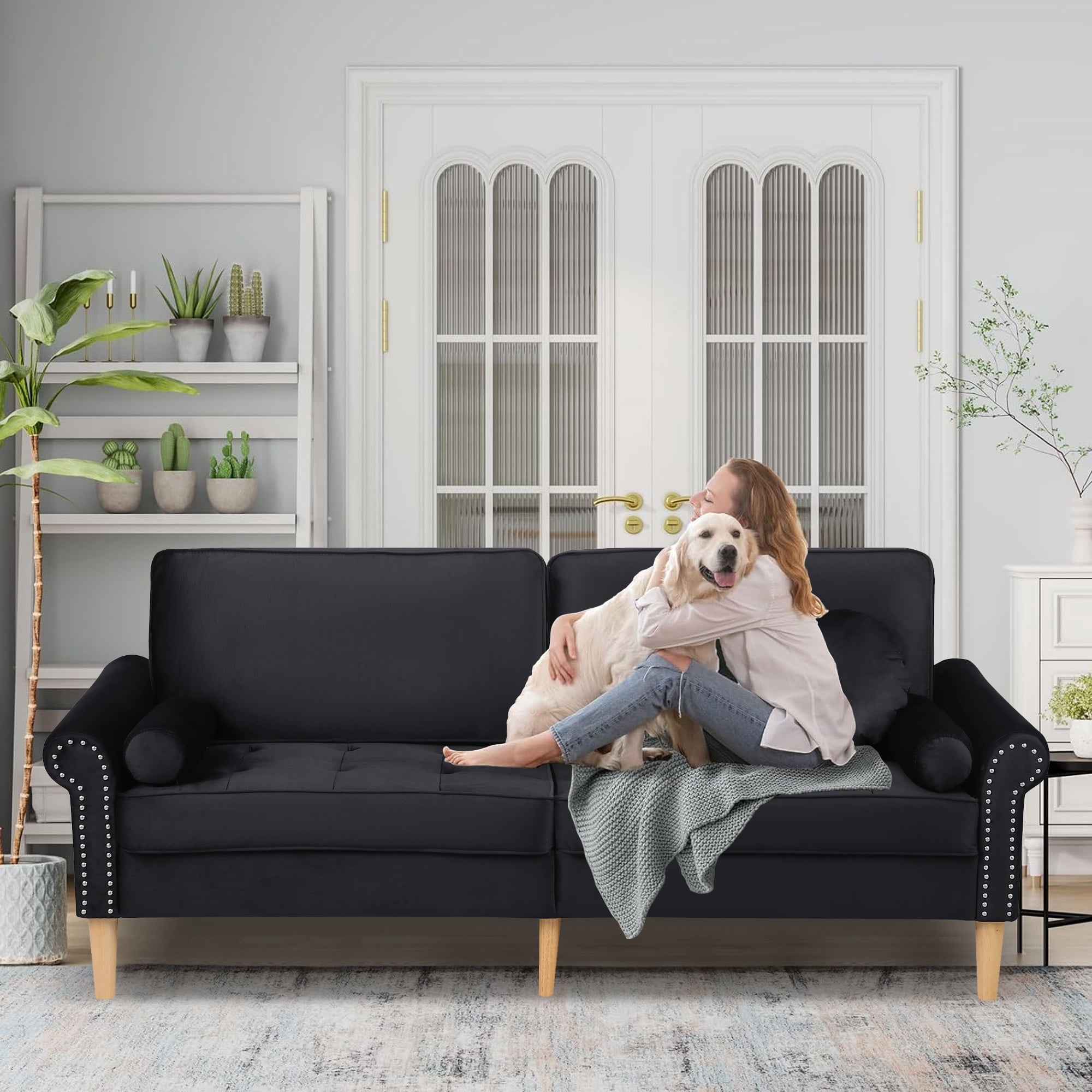 Aukfa 77.2" Sofa Couch, 3-Seater Sofa with Copper Nail and 3 Pillows, Velvet Loveseat for Living Room - Black