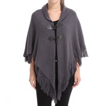 SWSMCLT Women's Knit Poncho Cardigan Sweater Solid Knitted Adult Mexican Poncho Wrap Winter Fall Soft Shawl Asymmetrical Cape Sweater Toggle Tassel Fringe Crochet Dark Grey One Size