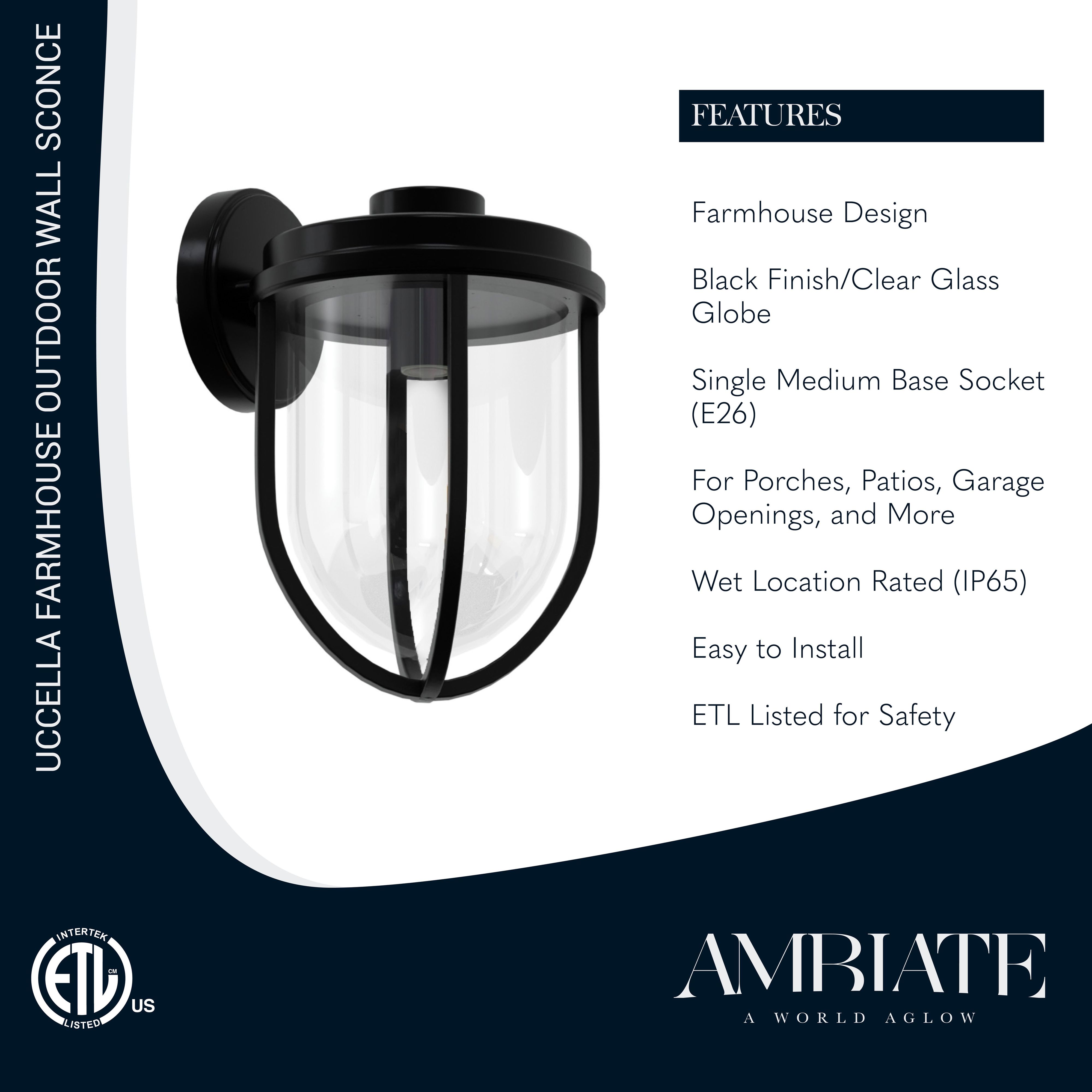 Ambiate Uccella Industrial Farmhouse Wall Sconce, Single Medium Base Socket (E26), Outdoor Use, Black Finish, Glass Globe, for Porches, Patios, Garage Openings, Commercial or Residential, ETL