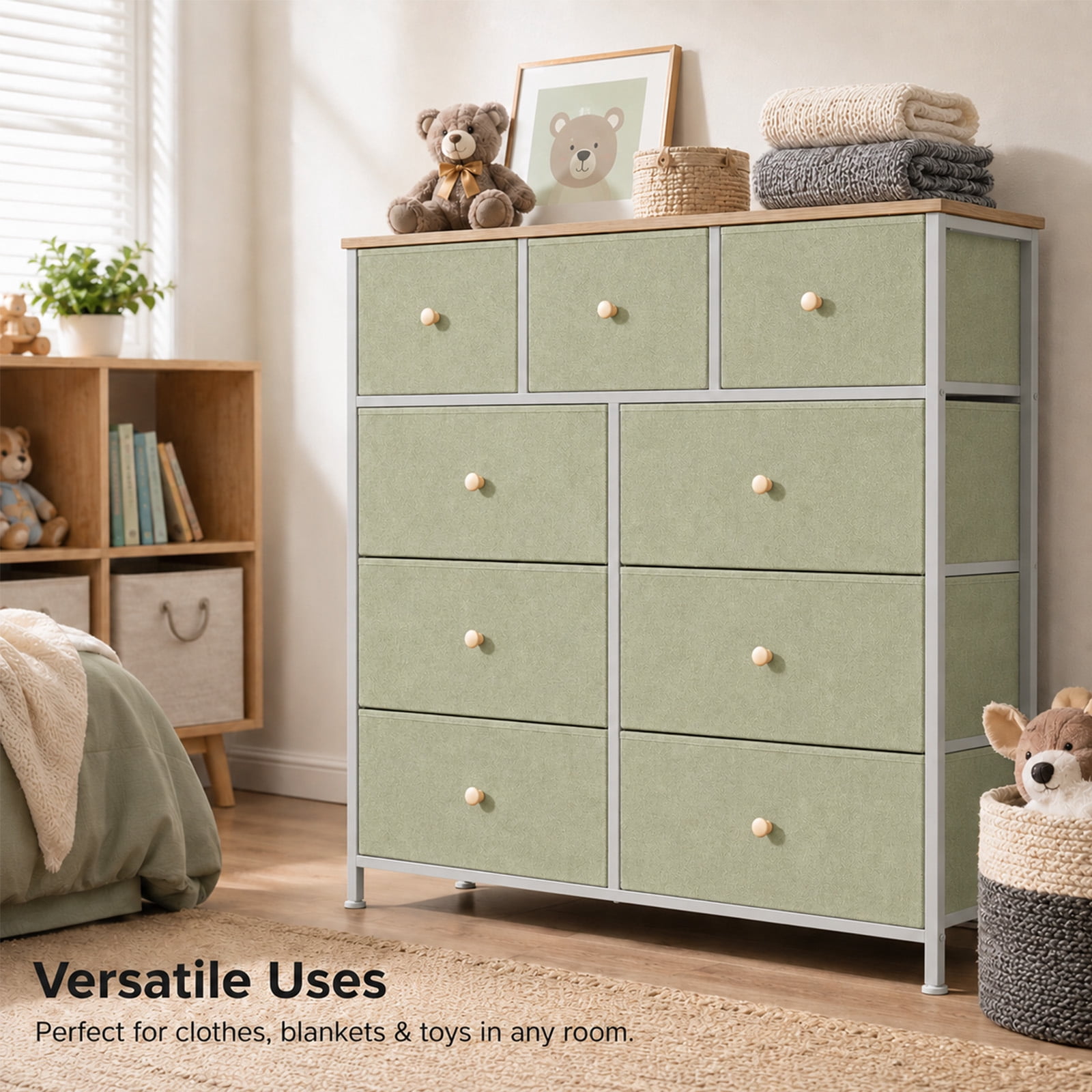 Alvantor 8/9 Drawer Fabric Dresser, Storage Tower for Bedroom and Closet, Chest of Drawers with Sturdy Steel Frame & Wooden Top for Living Room, Entryway