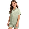 thumbnail image 2 of Kogui Summer Pjs for Girls Satin Pajama Sets Short Sleeve Button Down Silky Nightwear 2 Piece PJS 5T 6T (Light Green,5-6 Years), 2 of 4