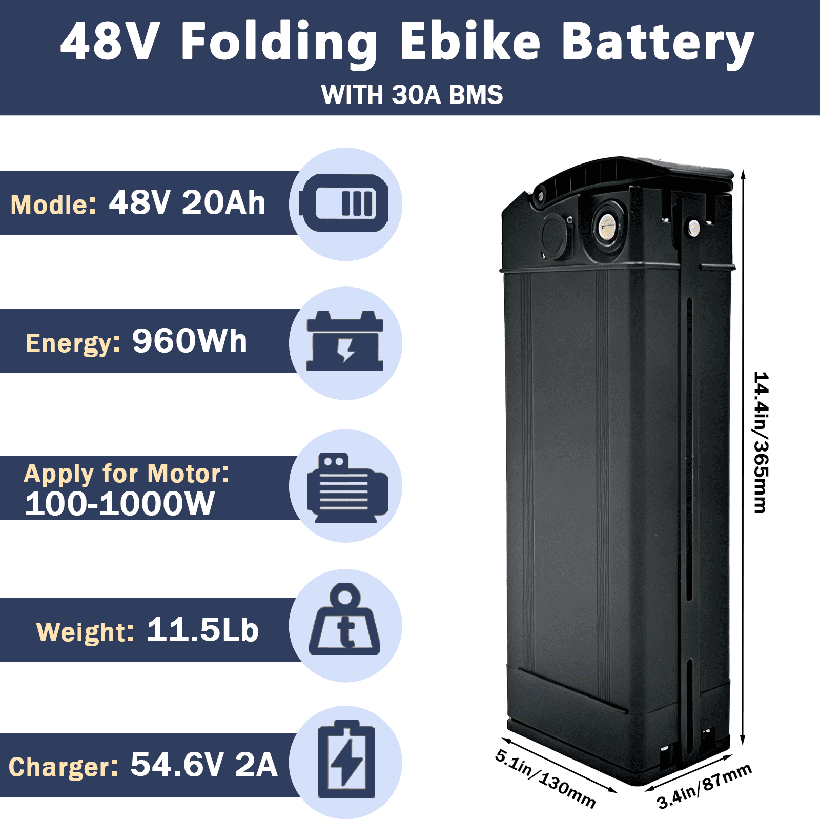 48V 20Ah Battery for Bike, with 30A BMS for 250W 350W 500W 700W 900W, No Bottom Connection Port