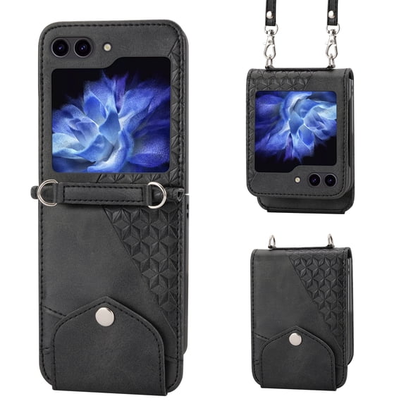 Magnetic Clasp Case for Samsung Galaxy Z Flip 5 Cover,Luxury PU Leather Shockproof Folding Kickstand Card Holder Pocket Wallet Crossbody Strap Handbag Phone Case for Samsung Galaxy Z Flip 5,Black