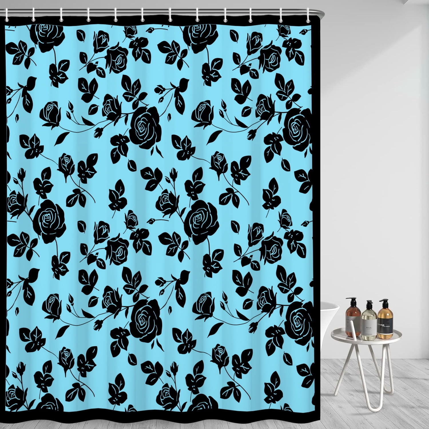 MIZHONA Black and Blue Floral Shower Curtain Vintage Rose Print Waterproof Fabric Bathroom Curtain 47x64 in