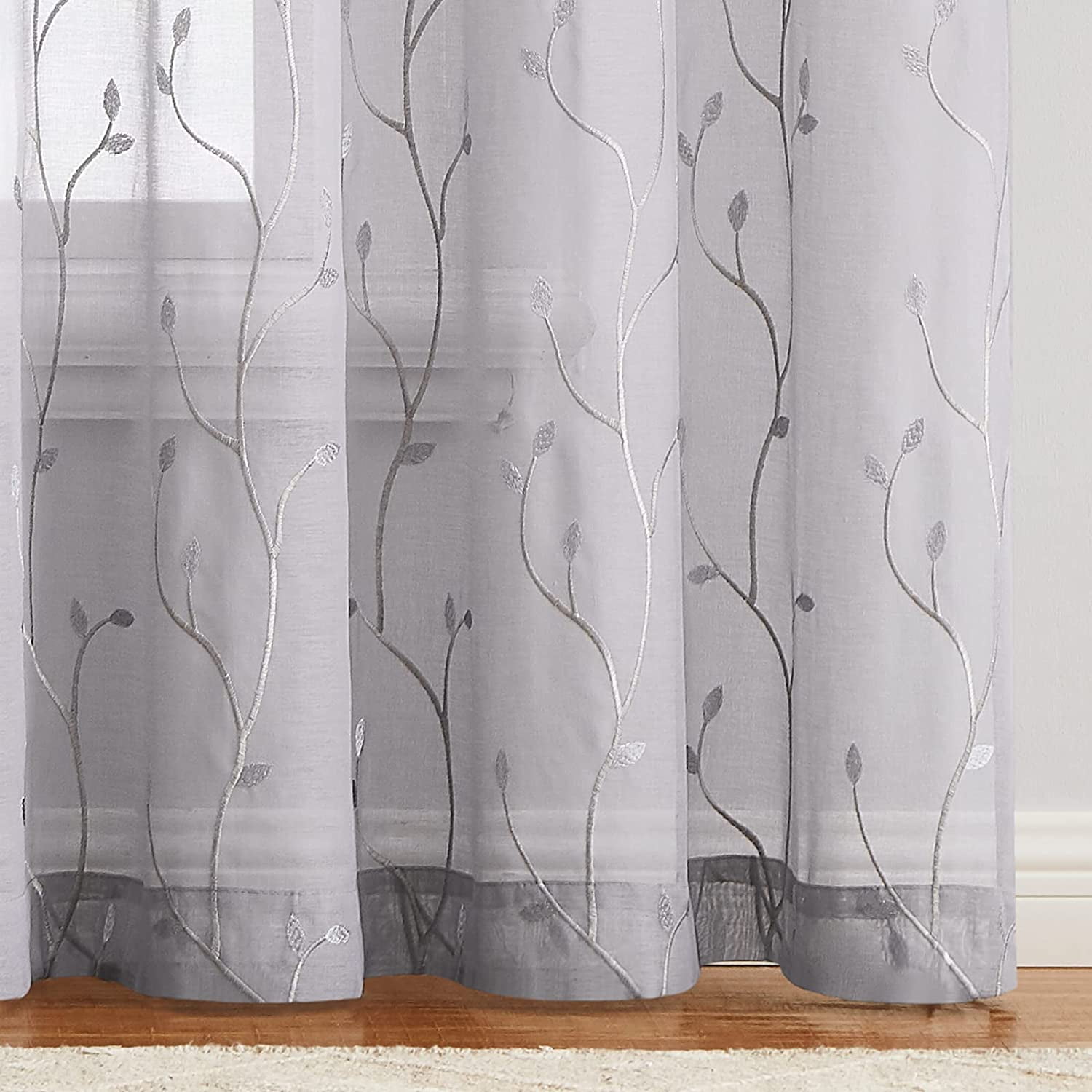 Curtainking Sheer Curtains Floral Embroidery Drapes 84 inch Voile Light Filtering Window Curtain Set for Living Room Bedroom Grommet 2 Panels Grey