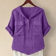 thumbnail image 2 of Wyobmus Womens Button Down Shirts Short Sleeve Button Up Shirts With Hooded Casual V Neck Summer Loose Fit Beach Tops With 2 Front Pockets S-2X Purple, 2 of 6