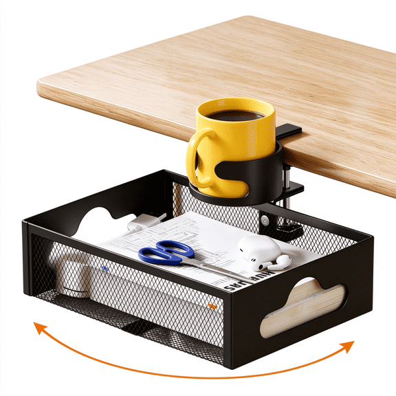 360° Swivel Under Desk Organizer Drawer with Cup Holder, Clamp-On Metal Table Storage for Home, Office, Black