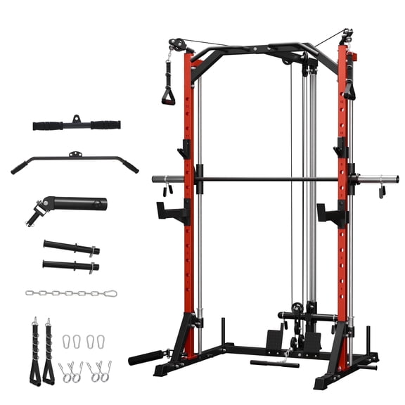 Mikolo Compact 7-IN-1 Smith Machine With Cable Crossover System, 1000LBS Multi-Functional Squat Rack, Workout Station with Weight Bar, Bend Peg and Other Functional Attachments