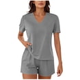 thumbnail image 2 of MOJOGO Short Sleeve 2 Piece Outfits for Women V Neck Pullover T Shirt and Elastic Waist Shorts Soft Tracksuit Lounge Set Gray 2XL, 2 of 7