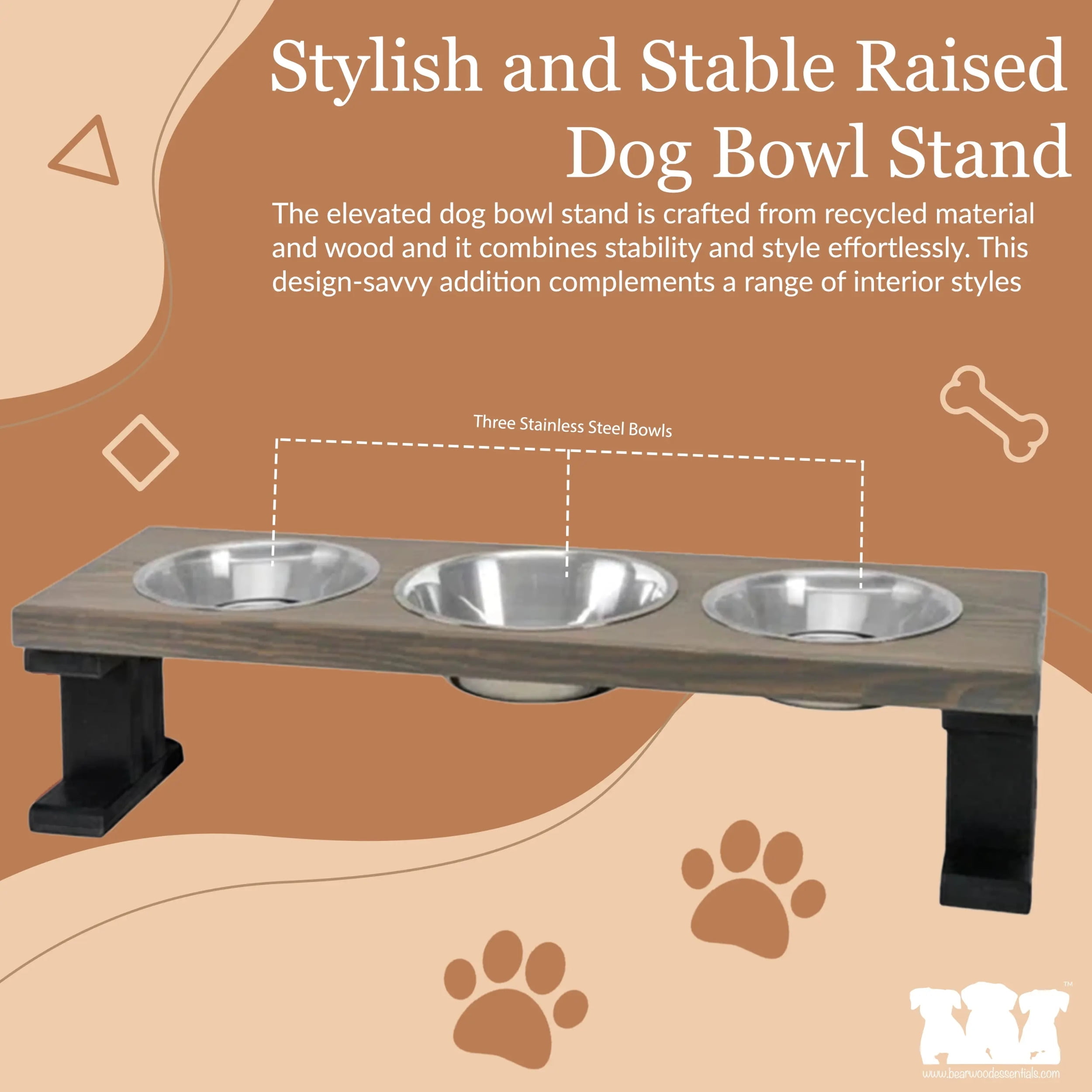 Bearwood Essentials 3 Bowl Farmhouse Style Pet Elevated Feeder