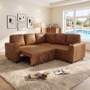 LLappuil 76 x 76 Sectional Sofa, Sectional Couch with Pull Out Sofa Bed Twin Size, 4 Seat Sofa Couch with Cup Holders & Side Pocket Convertible Sofa Bed for Living Room, Foil Fabric Brown