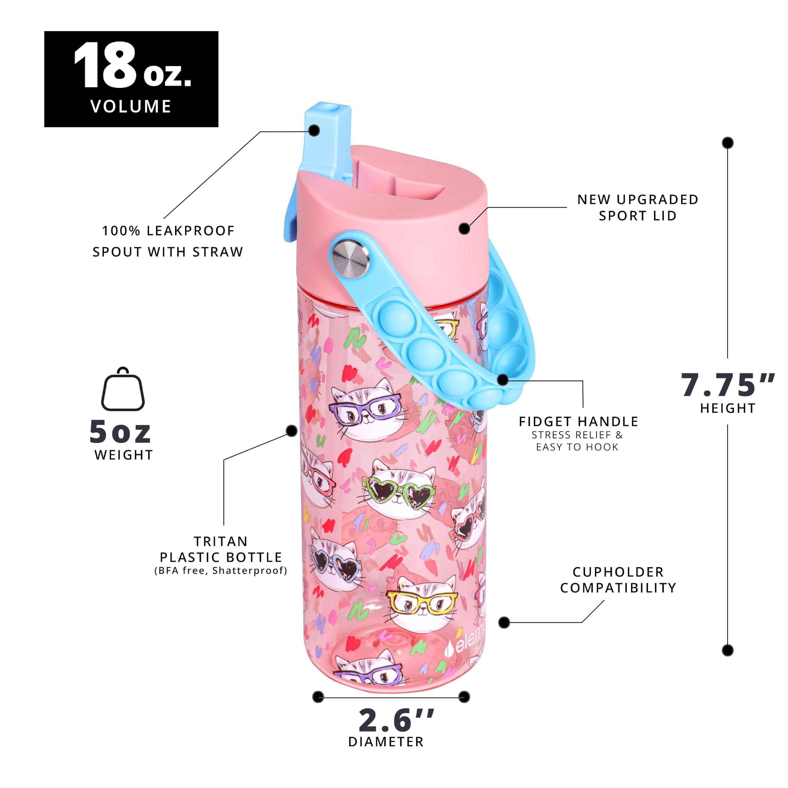 NWT - Ello 2pk Plastic Water Bottle with Pop! Fidget Charm Rainbow Unicorn  14oz