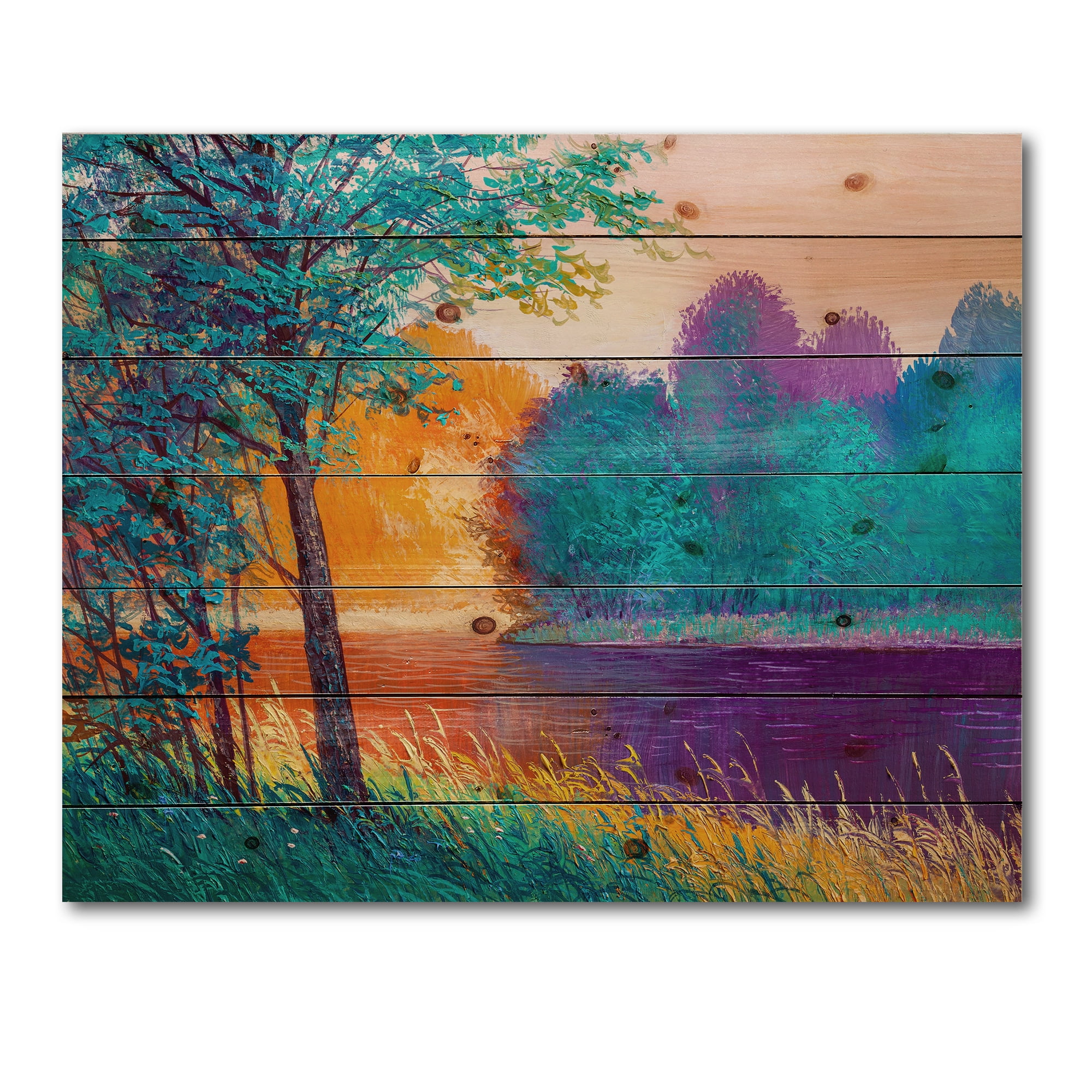 Designart 'Colorful Trees During Twilight Along River' Traditional Print on Natural Pine Wood