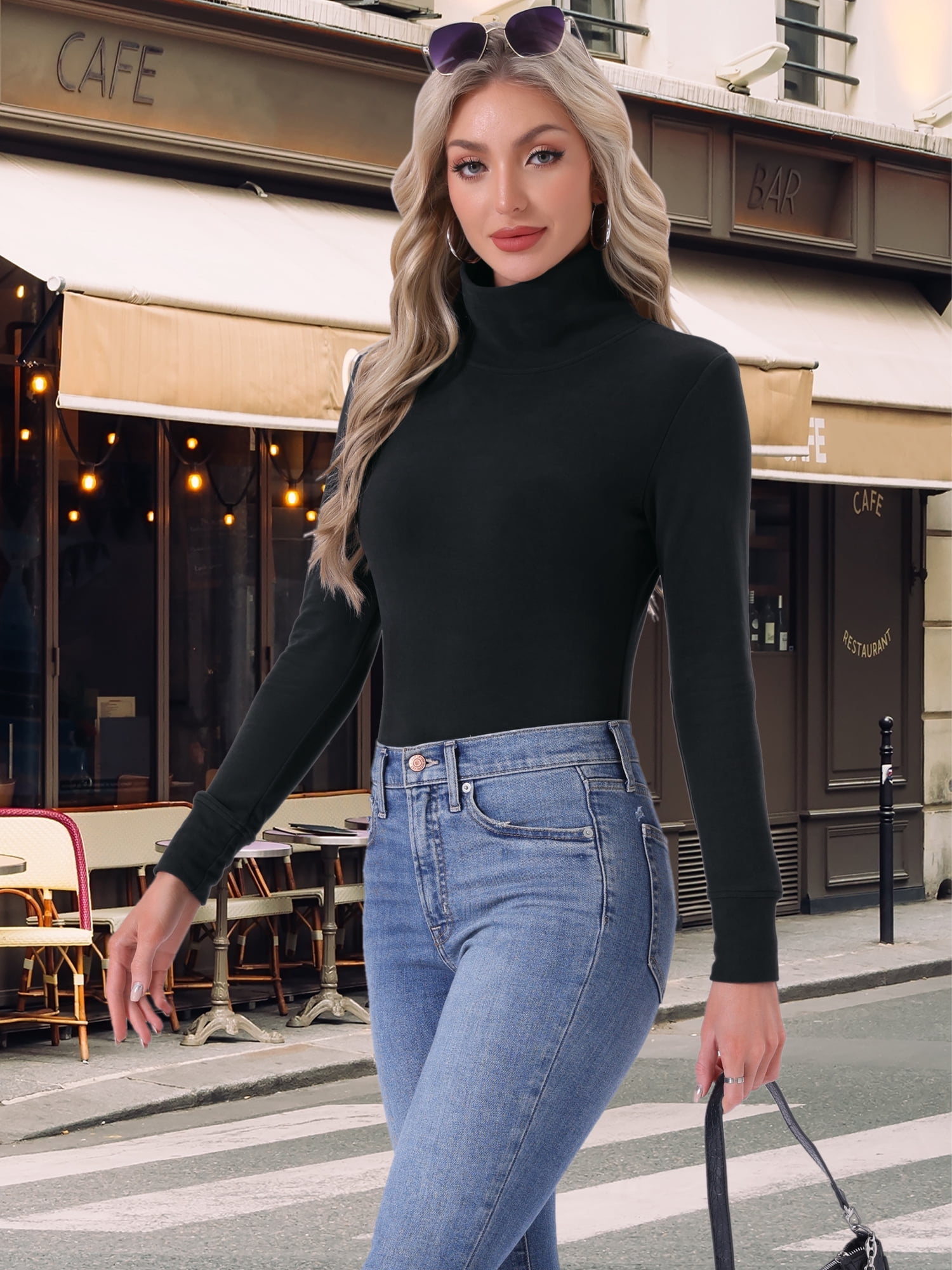 DARING DIVA Women's Mock Turtle Long Sleeve Shirts Fall Winter Warm Top M Balck