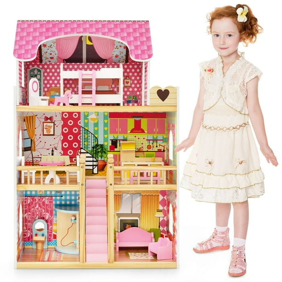 Gymax Kids Wooden Dollhouse Toddler DIY Pretend Playhouse w/ 15 Furniture Accessories