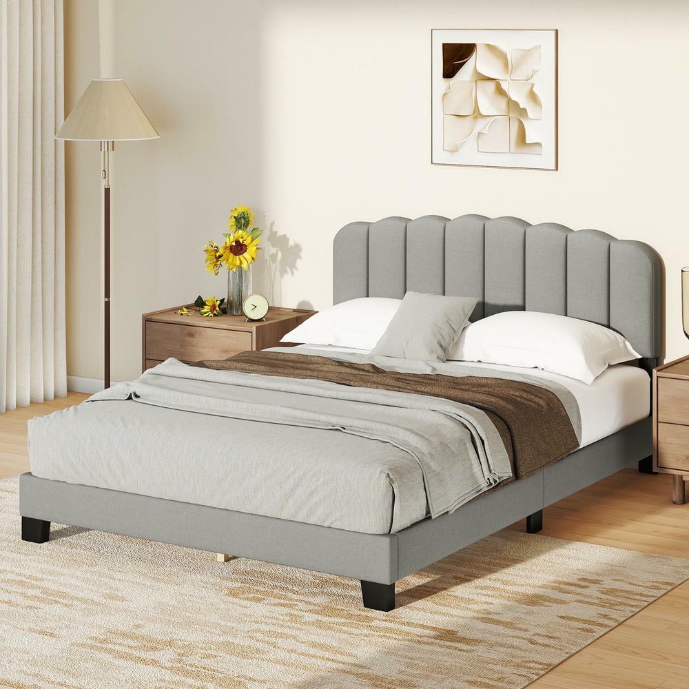 Barara King Queen Size Bedroom Bed Frame with Adjustable Scalloped Tufted Headboard, Bed Platform Frame for Apartment, Bedroom, Gray
