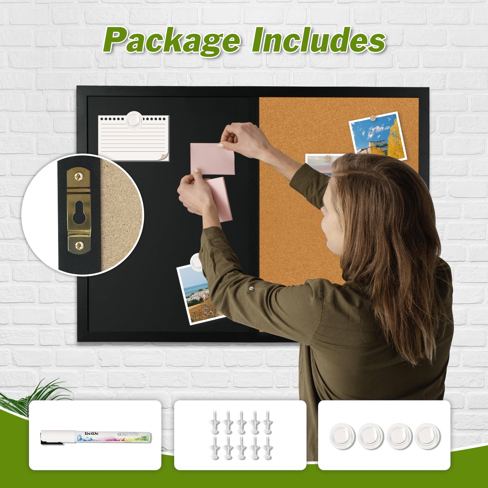 Combination Chalk and Cork Board Half Cork Bulleting Board Half Black Board Combo 16" x 24" Wooden Frame (Wooden Half Cork Half Black Board)