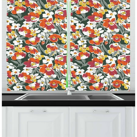 Seattle Floral Design School Floral Curtains 2 Panels Set, Vintage Greenery Imagery Natural World Elements Old School Design Vibrant Colors, Window Drapes for Living Room Bedroom, 55W X 39L Inches, Multicolor, by Ambesonne ()