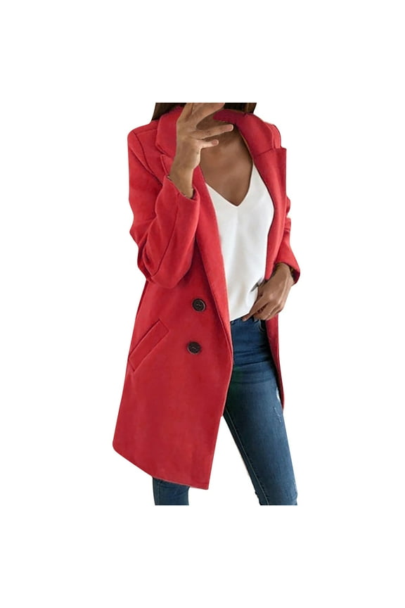 Fall Wool Peacoat for Women Plus Size Solid Notched Collar Double-Breasted Trench Coat Cardigan Jacket Overcoat Outerwear 2024 Red,XXXXL