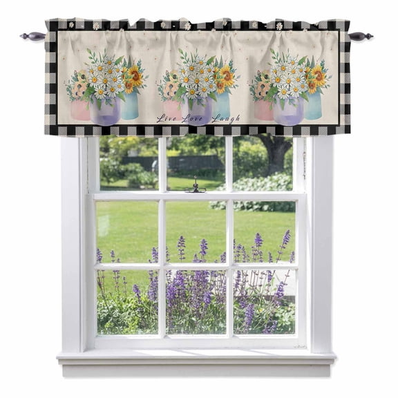 French Country Daisies Flower, Kitchen Curtain Valances for Windows Farmhouse Short Curtains, Farmhouse Rustic Sunflowers Plaid Plants Rod Pocket Valance Curtain for Bedroom Cafe Living Room
