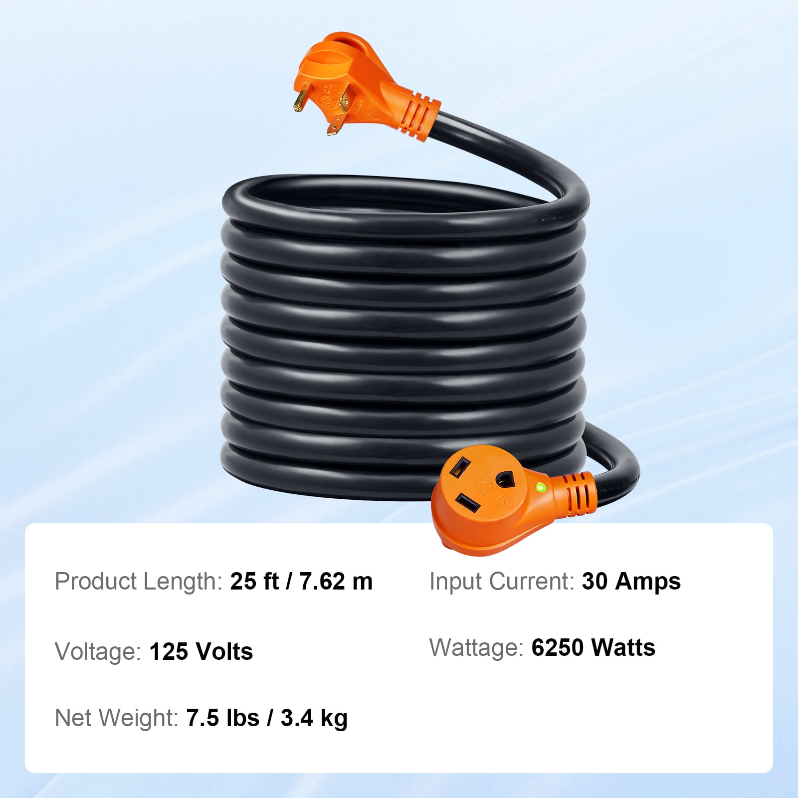 VEVOR 25 ft RV Extension Cord, 30 Amp, Heavy Duty STW RV Power Cord, NEMA TT-30R Female NEMA TT-30P Male Plug, with LED Indicator Handle 15A Adapter, for RVs, trams, generators, Campers, ETL Listed