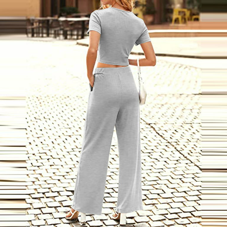 REORIAFEE Women's 2 Piece Summer Lounge Wear Casual Travel Outfit Women's  Sports Tight Ribbed Knit Crop Top Loose Wide Leg Pants Two Piece Set Gray  XL 