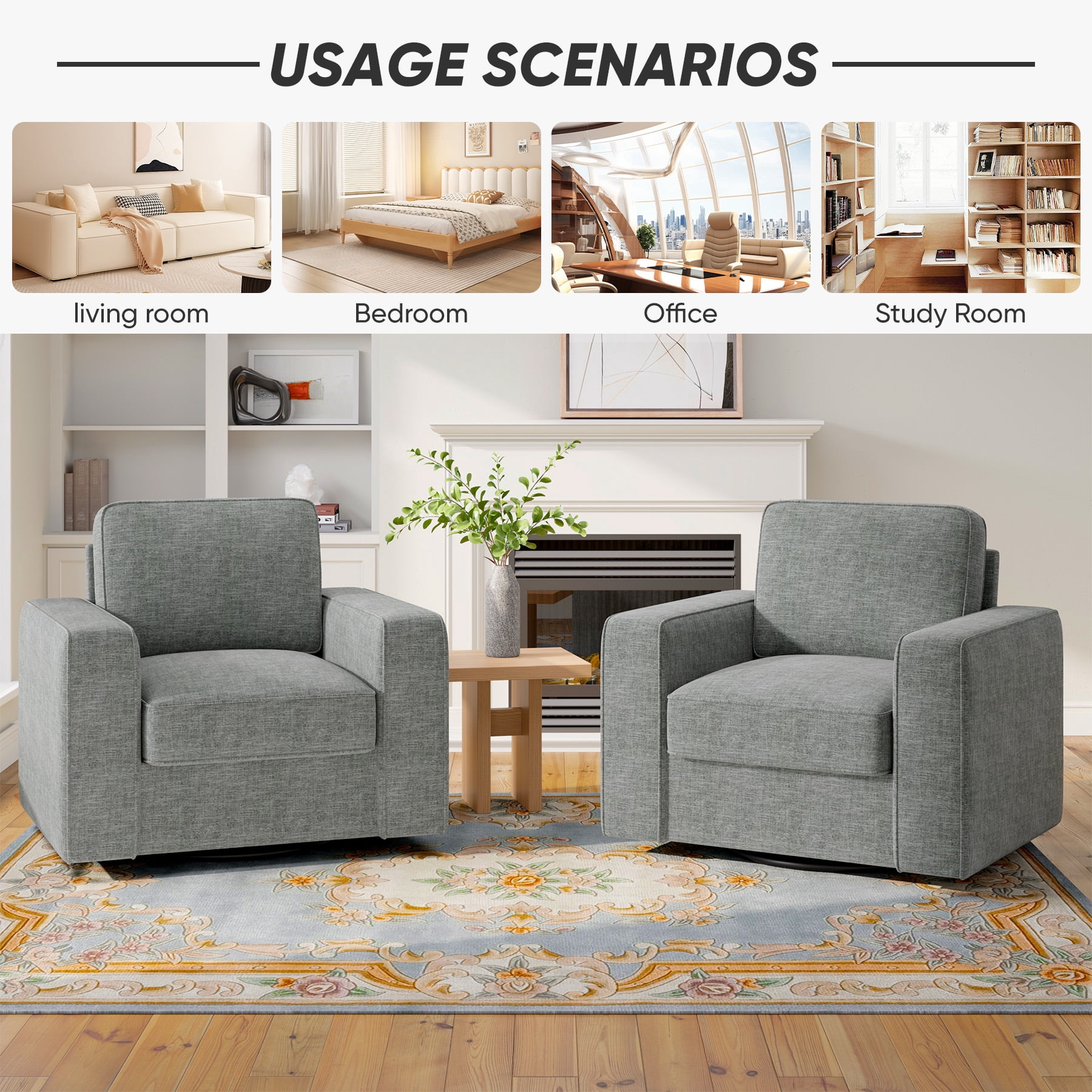Hawsaiy Swivel Accent Chair, Mid-Century Modern Linen Armchair with Extra Wide Armrests, Comfy Single Sofa Chair for Living Room, Bedroom, Office,Gray