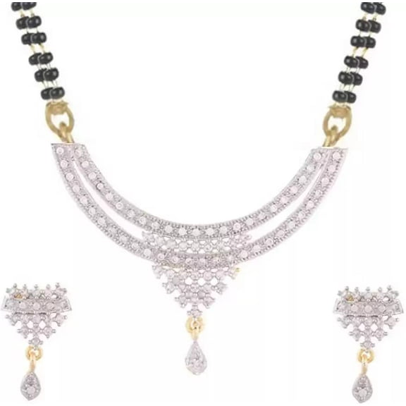 Artificial Imitation Jewellery Elegant Traditional Ethnic Wear Gold Plated AD Mangalsutra Tanmaniya with Earring(HRSMSTR68M633Cpy)