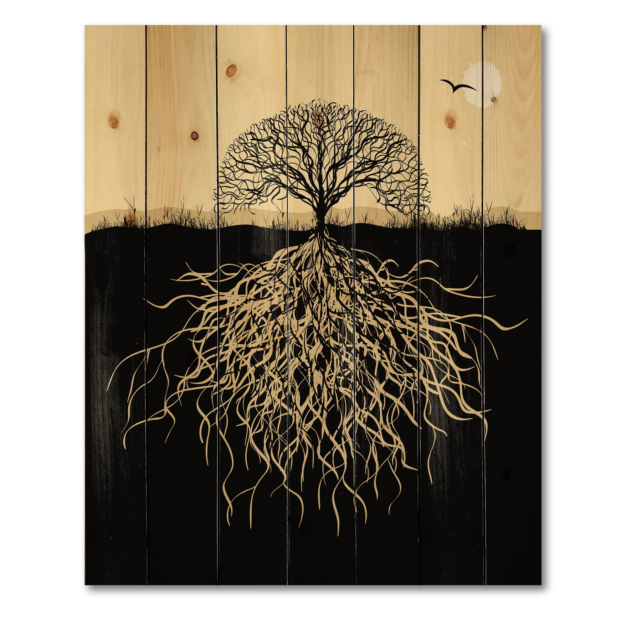 Designart 'Tree Silhouette With Underground Roots' Traditional Print on Natural Pine Wood