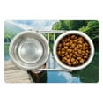 thumbnail image 1 of Lake Pet Mat for Food and Water, Wooden Boat at Pier on Biograd Mountain Lake Montenegro Idyllic Springtime, Non-Slip Rubber Mat for Dogs and Cats, 18" X 12", by Ambesonne, 1 of 1