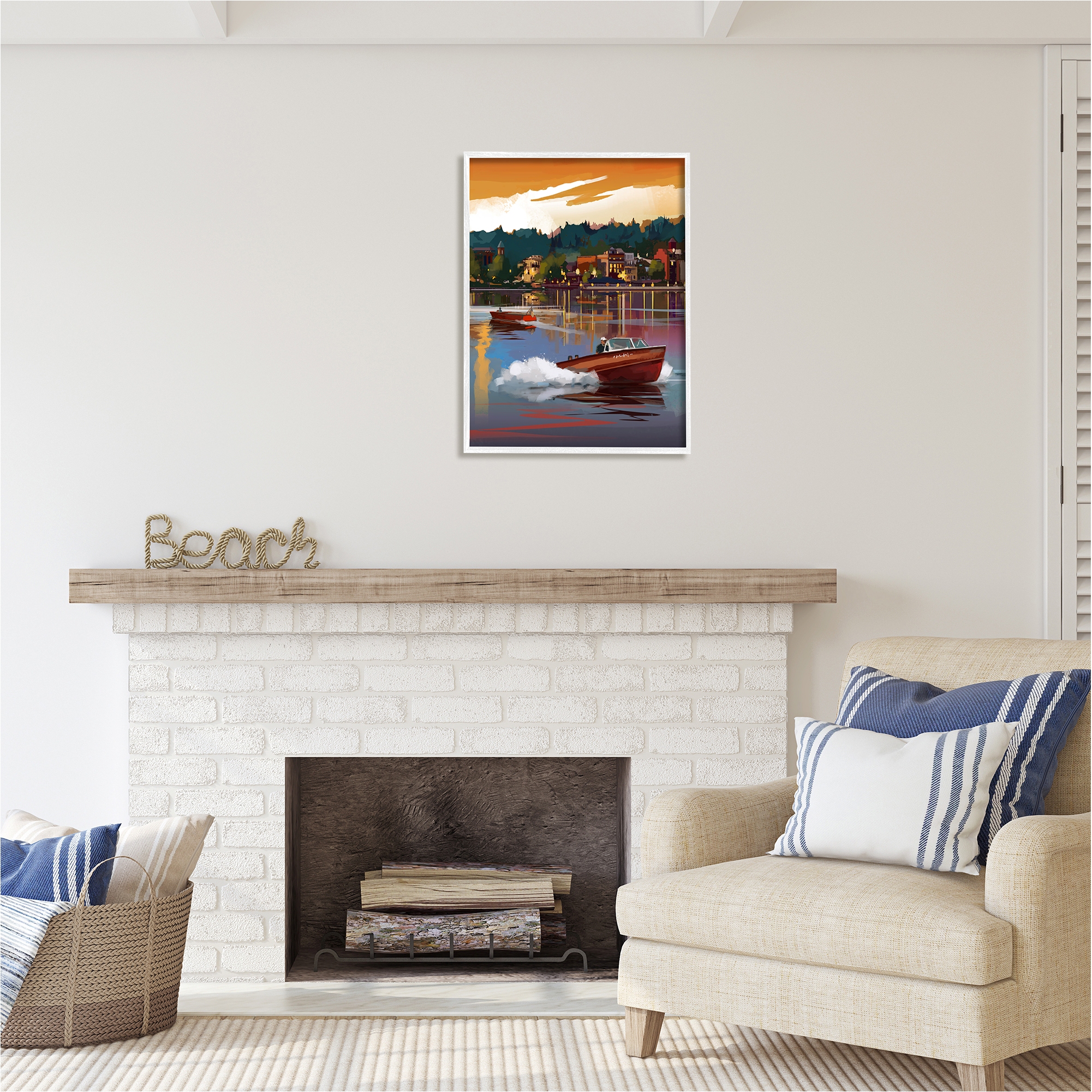 Stupell Industries Boats at Sunset Pier Transportation Painting White Framed Art Print Wall Art, 24 x 30