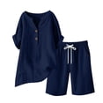thumbnail image 5 of Xdegoge Women's Cotton Linen 2 Piece Outfits Summer Casual V Neck Button Down Short Sleeve Shirts and Drawstring Shorts Lounge Set Tracksuit with Pockets, 5 of 5