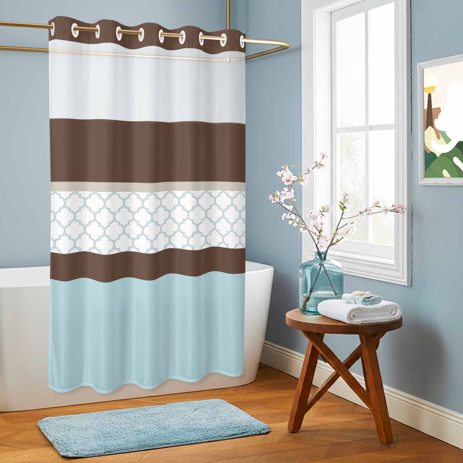 Small Stall No Hook Shower Curtains Blue Brown Morocco Waterproof Fabric Shower Curtain Set Geometric Stripes Aqua Stitching Bath Curtains for Bathroom Decor with See Through Top Window 36x72 Inch