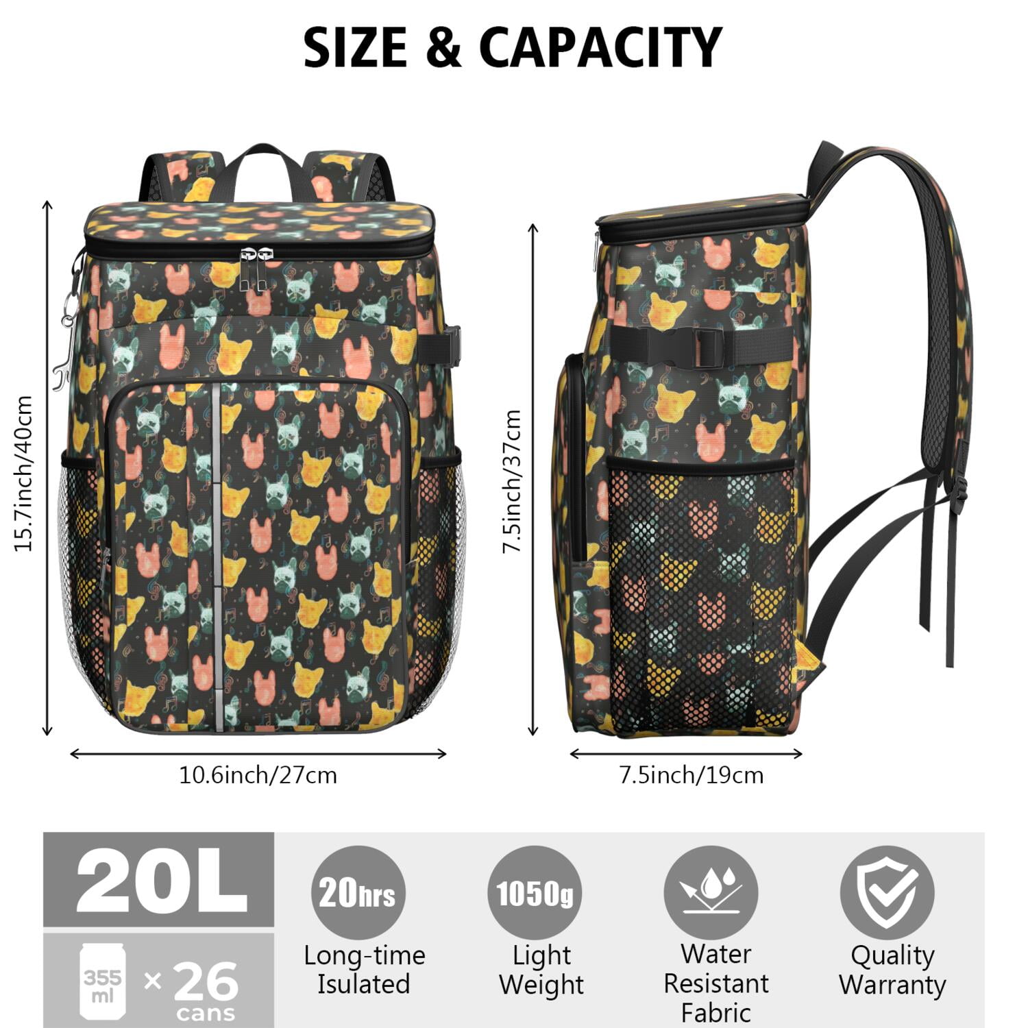Travel Cooler Bag - Music Bulldog Camping Beer Cooler Backpack with Bottle Opener- Waterproof Insulated Picnic Backpacks - Cooler Bag for Beach