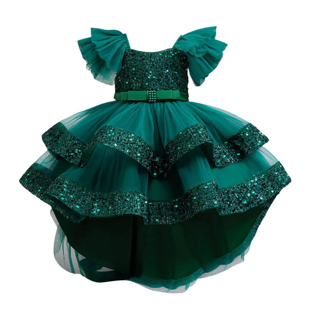 XASZHN Robe en Maille pour Enfants Robe Princesse Élégante Robe Confortable pour Enfants Robes d'Été pour Filles 2025 Vert Foncé_005 4-5 Ans