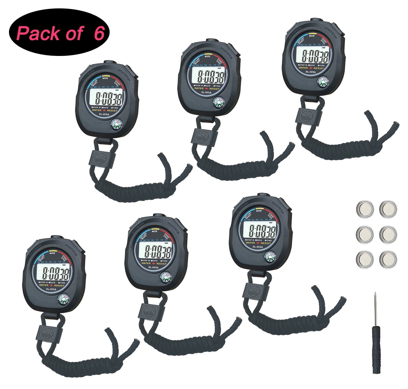 BESTWYA Digital Stopwatch Black Large Screen Handheld Timer (Pack of 6