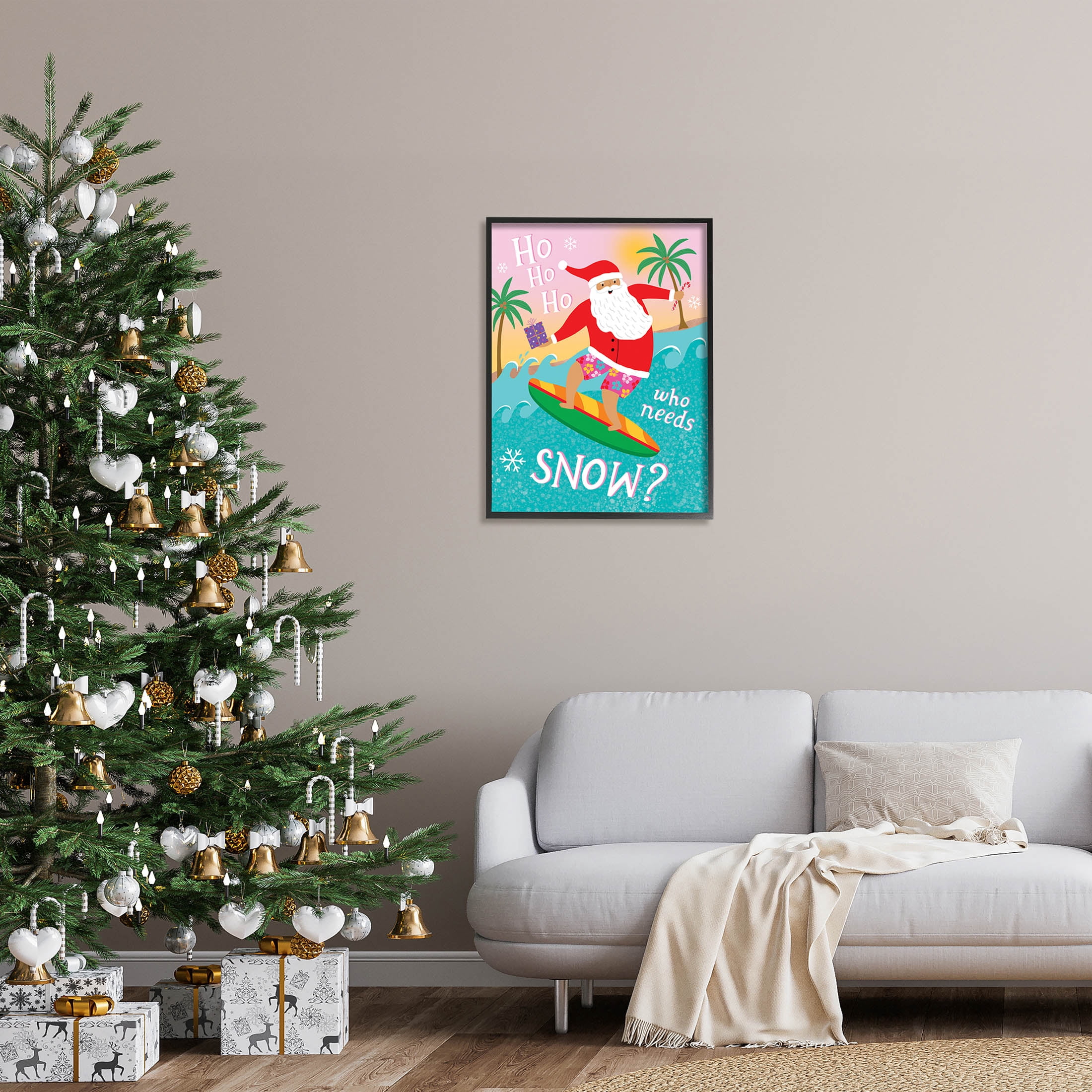 Who Needs Snow Surfing Santa Holiday Graphic Art Black Framed Art Print Wall Art
